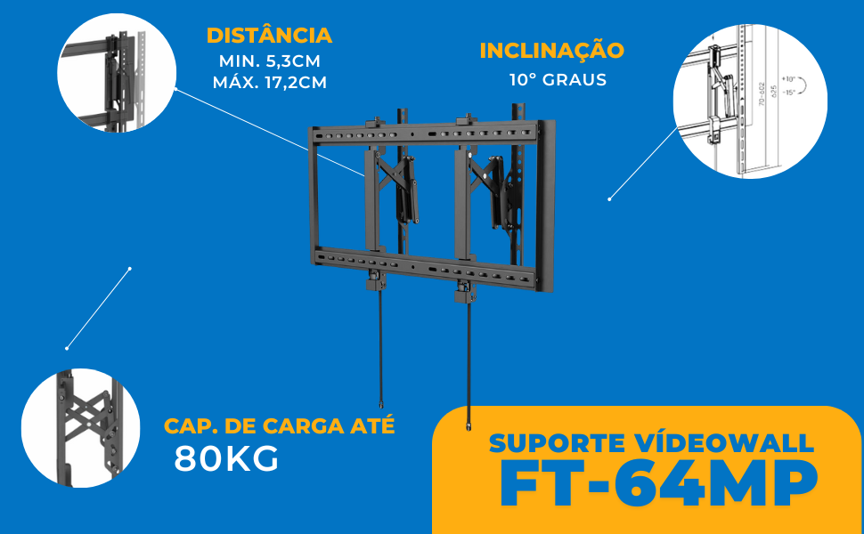 Suporte Vídeo Wall Inclinável e Extensível para TV LED 37" a 90" - FT-64MP Fixatek