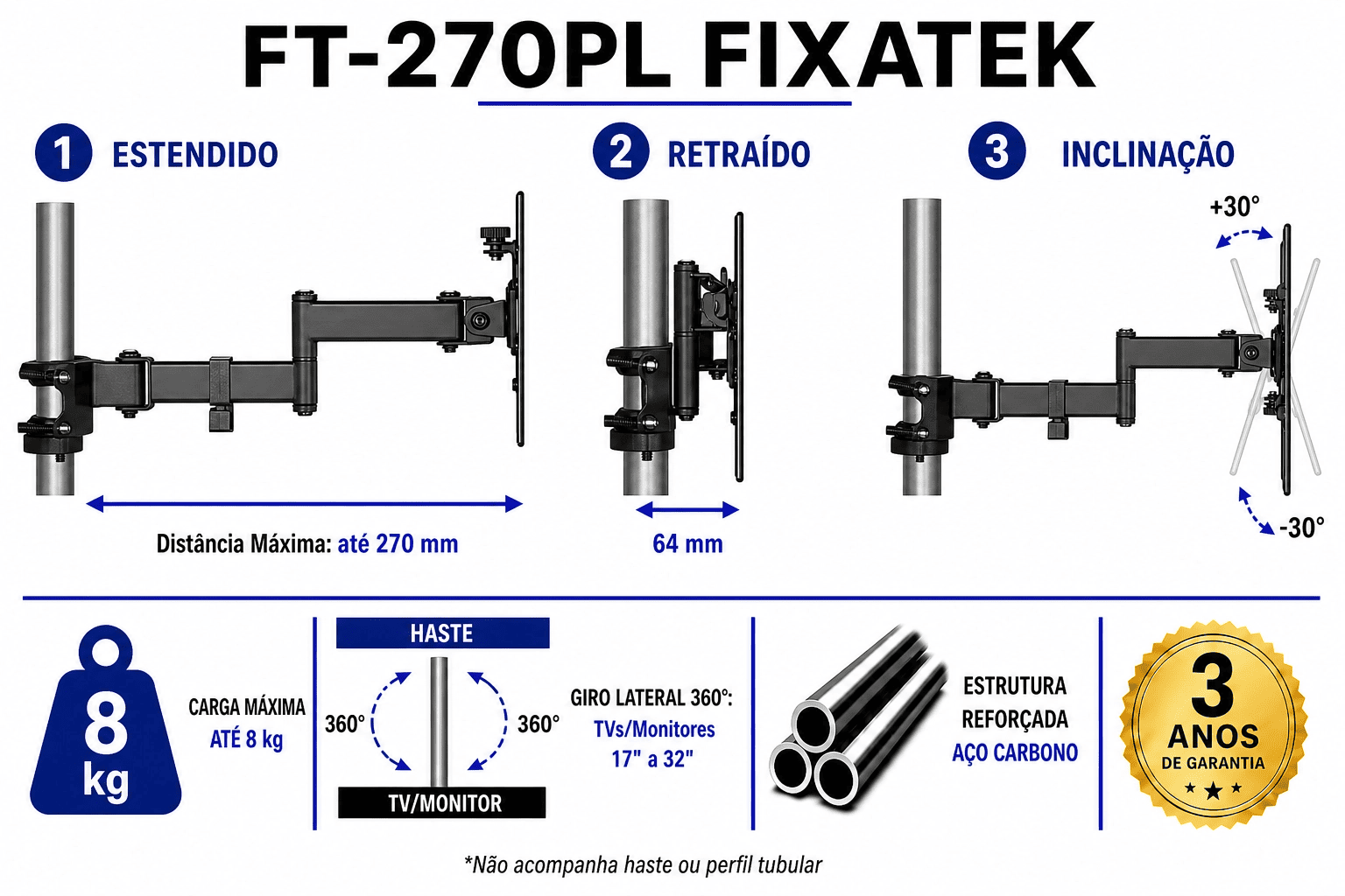 Suporte Articulado para TV / Monitor LED até 32" com Peso até 8kg FT-270PL - Fixatek