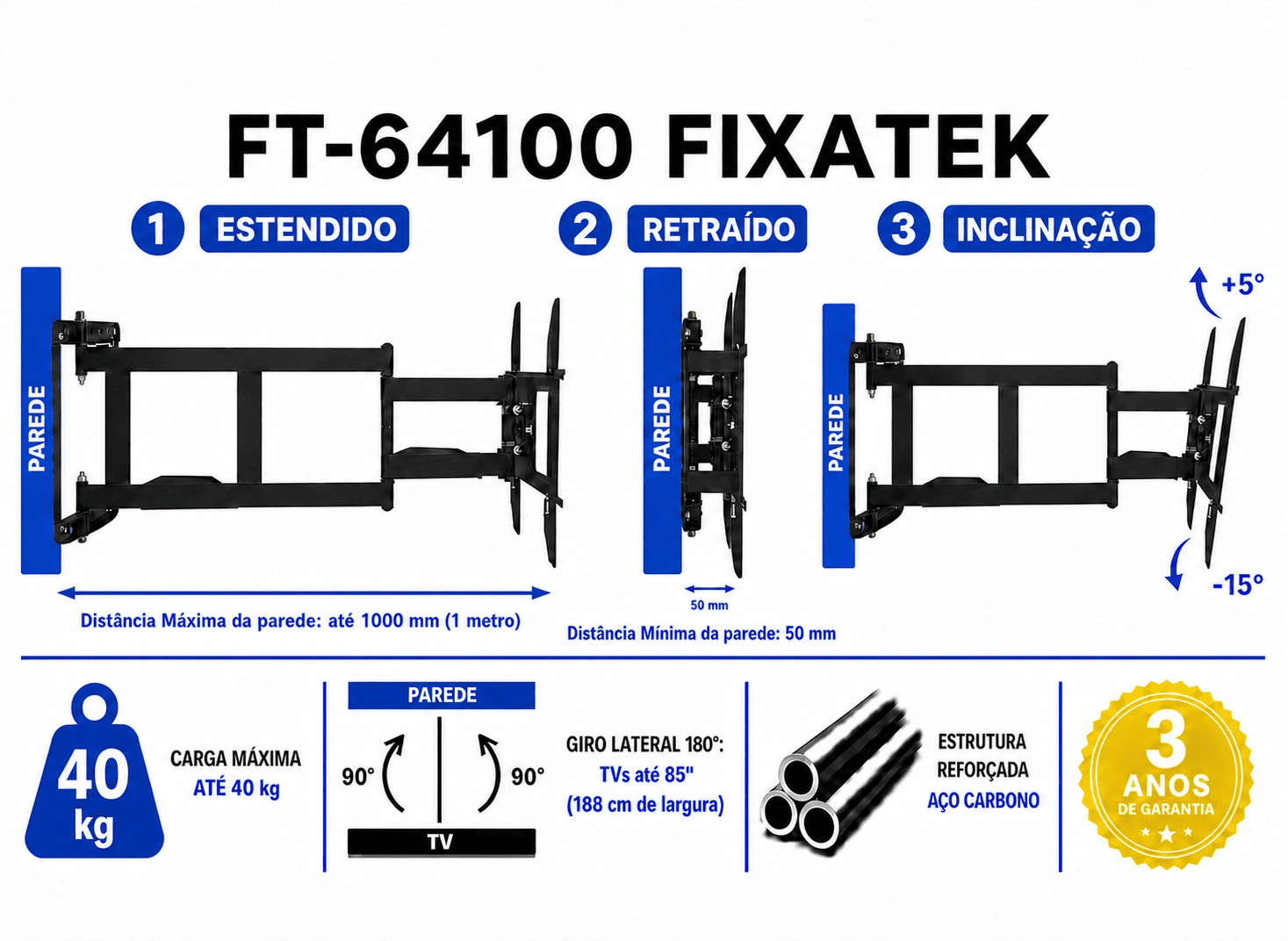 Suporte Articulado para Tv LED 65" á 85'' - Braço de 1 metro FT-64100 - Fixatek