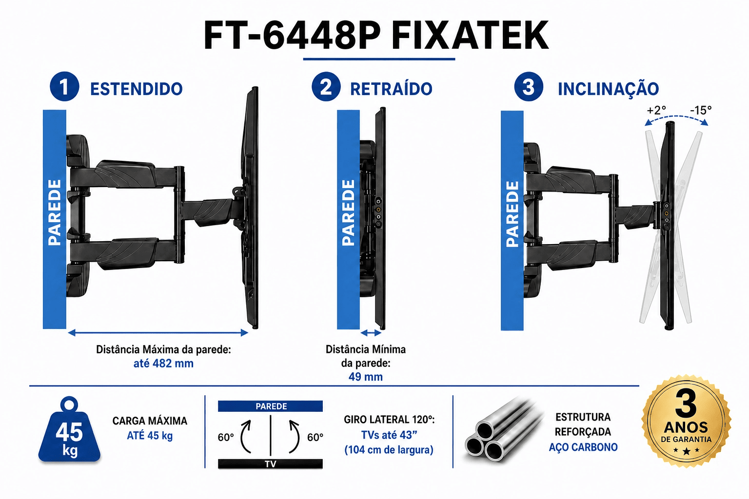 Suporte Articulado para TV LED 37" 50" 55" 60" 65" 70'' 75" FT-6448P Fixatek