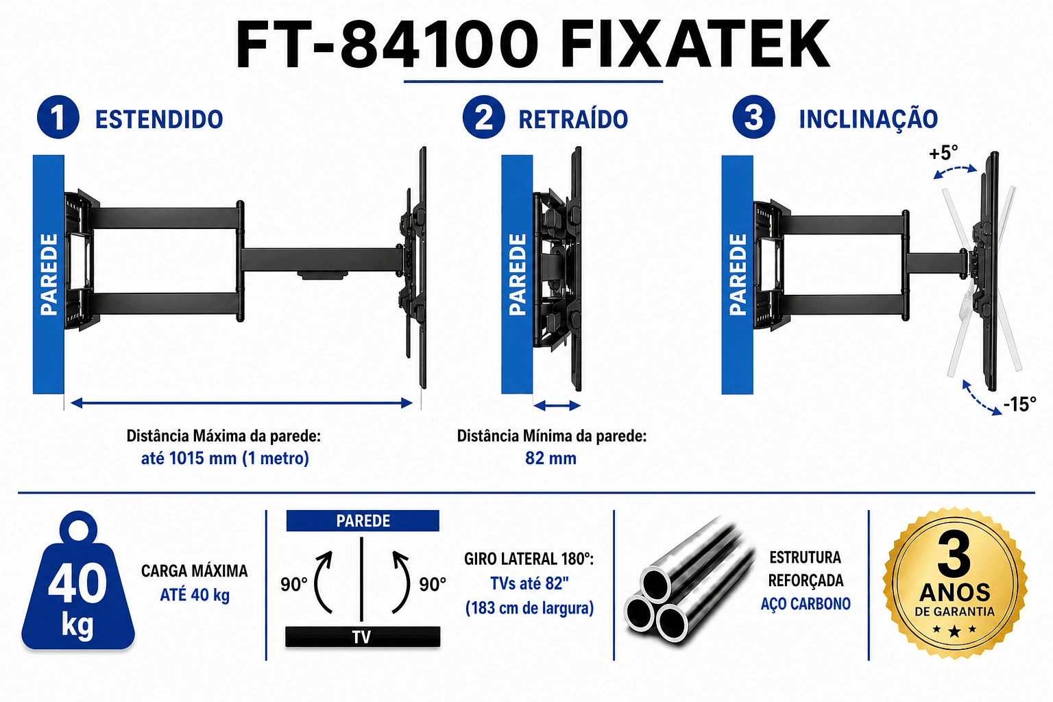 Suporte Articulado para TV LED 43" Até 82'' Braço 1 metro FT-84100 Fixatek
