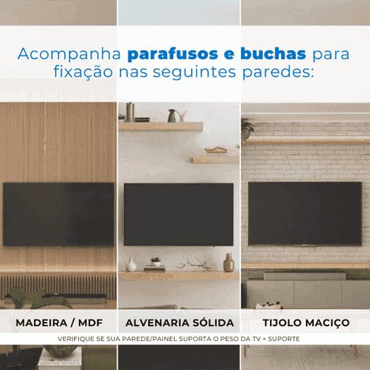 Acompanha parafusos e buchas para fixação nas seguintes paredes: madeira/MDF, alvenaria sólida e tijolo maciço.