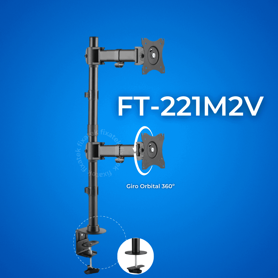 Suporte Ergonômico Articulado de Mesa para 2 Monitores na Vertical de 13" até 27" FT-221M2V - Fixatek - Fixatek