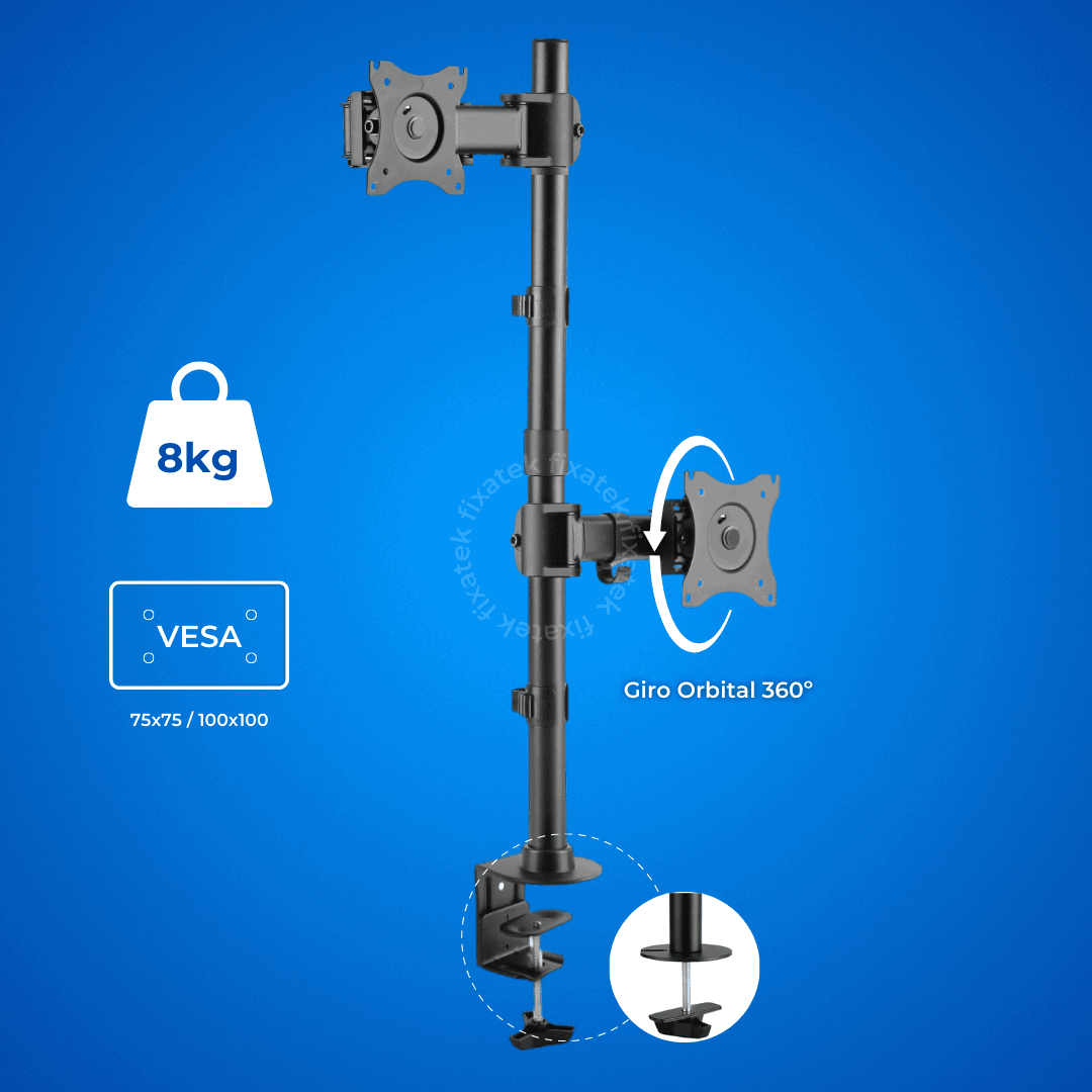 Suporte Ergonômico Articulado de Mesa para 2 Monitores na Vertical de 13" até 27" FT-221M2V - Fixatek - Fixatek