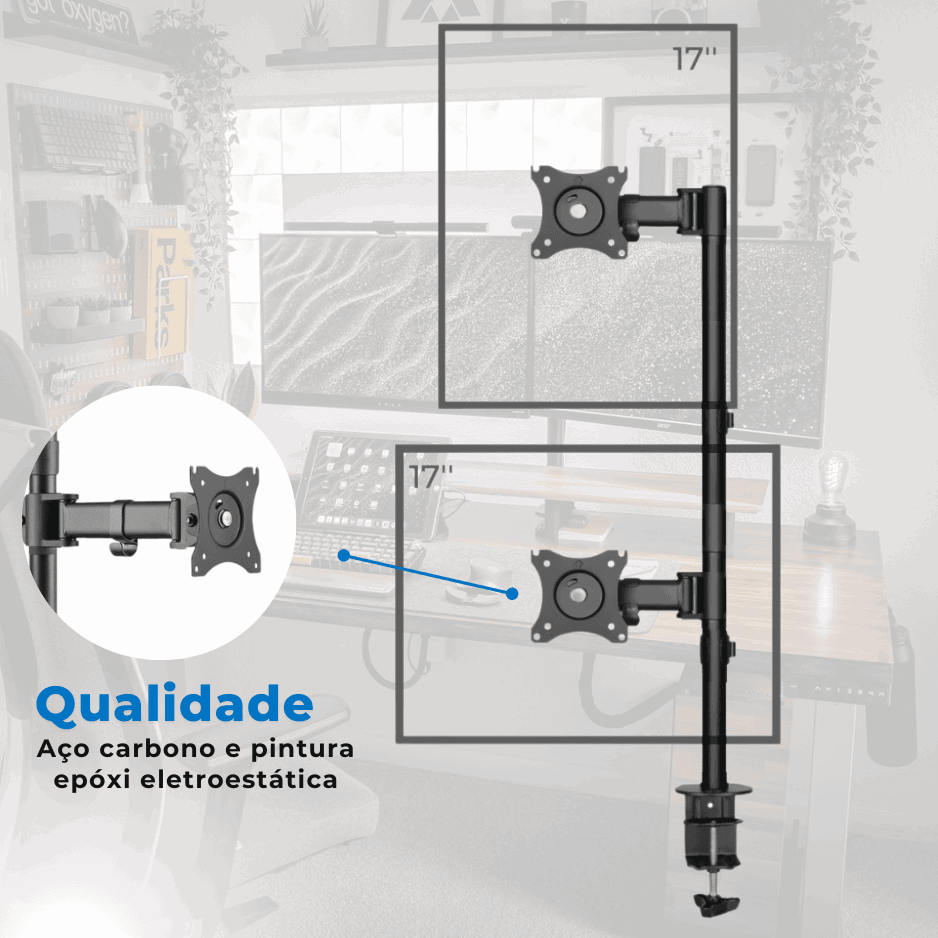 Suporte Ergonômico Articulado de Mesa para 2 Monitores na Vertical de 13" até 27" FT-221M2V - Fixatek - Fixatek