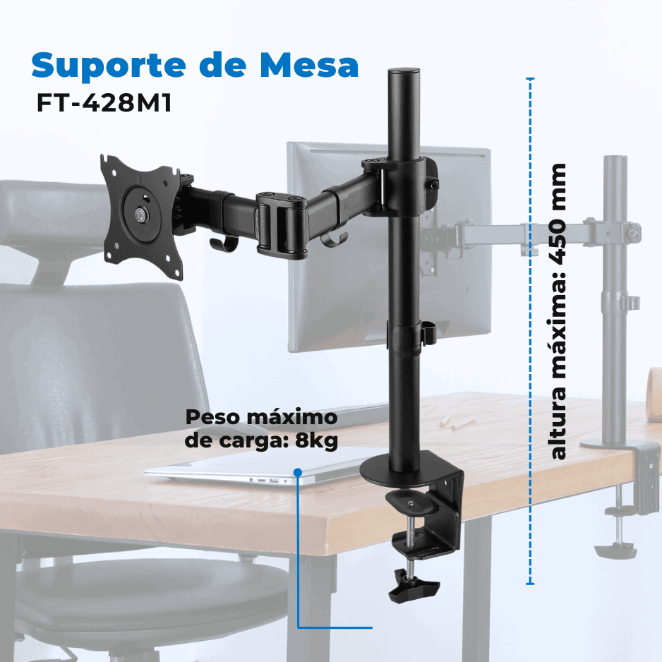 Suporte Ergonômico Articulado de Mesa para 1 Monitor de 13" até 27" FT-428M1 - Fixatek - Fixatek