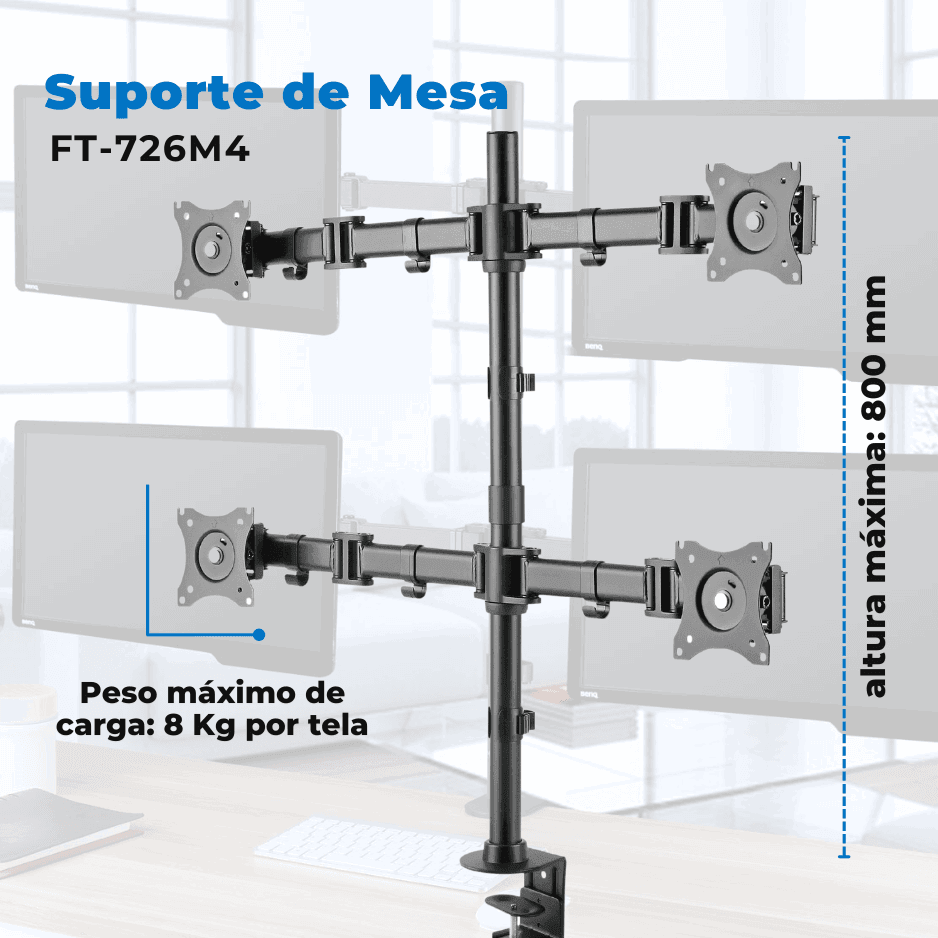 Suporte Ergonômico Articulado de Mesa para 4 Monitores de 13" até 27" FT-726M4 - Fixatek - Fixatek