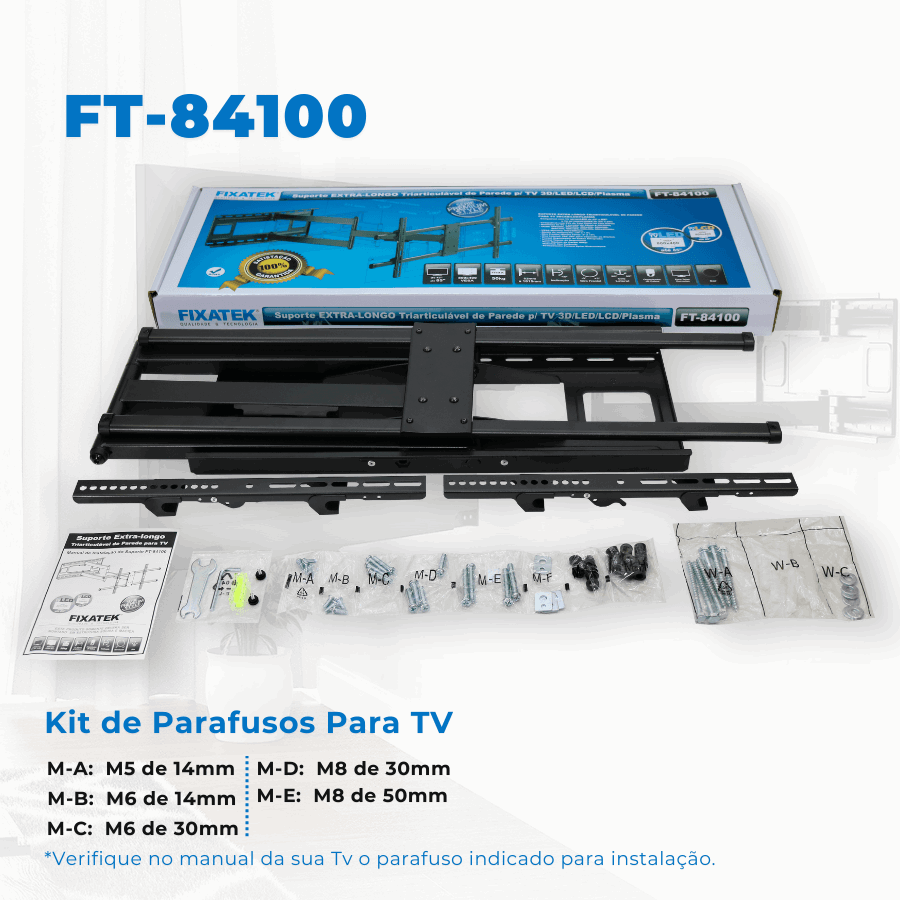 Suporte Articulado para TV LED 43" Até 82'' com Peso Até 40 Kg FT-84100 - Fixatek - Fixatek
