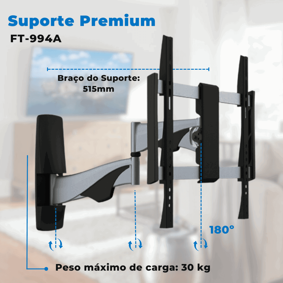 Suporte Articulado para TV LED / OLED / QLED até 55" com Peso até 30kg FT-994A - Fixatek - Fixatek