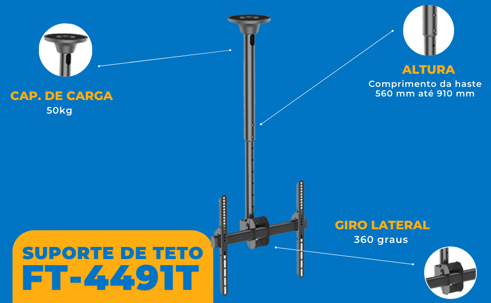 Suporte de Teto para TV LED / OLED / QLED até 55" com Peso até 50kg - FT-4491T - Fixatek - Fixatek