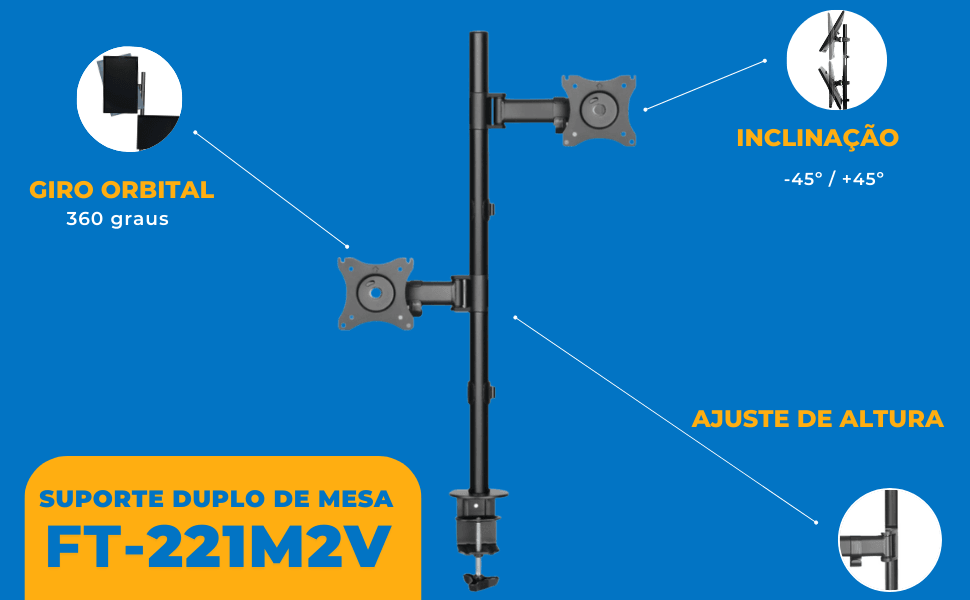 Suporte Ergonômico Articulado de Mesa para 2 Monitores na Vertical de 13" até 27" FT-221M2V - Fixatek - Fixatek