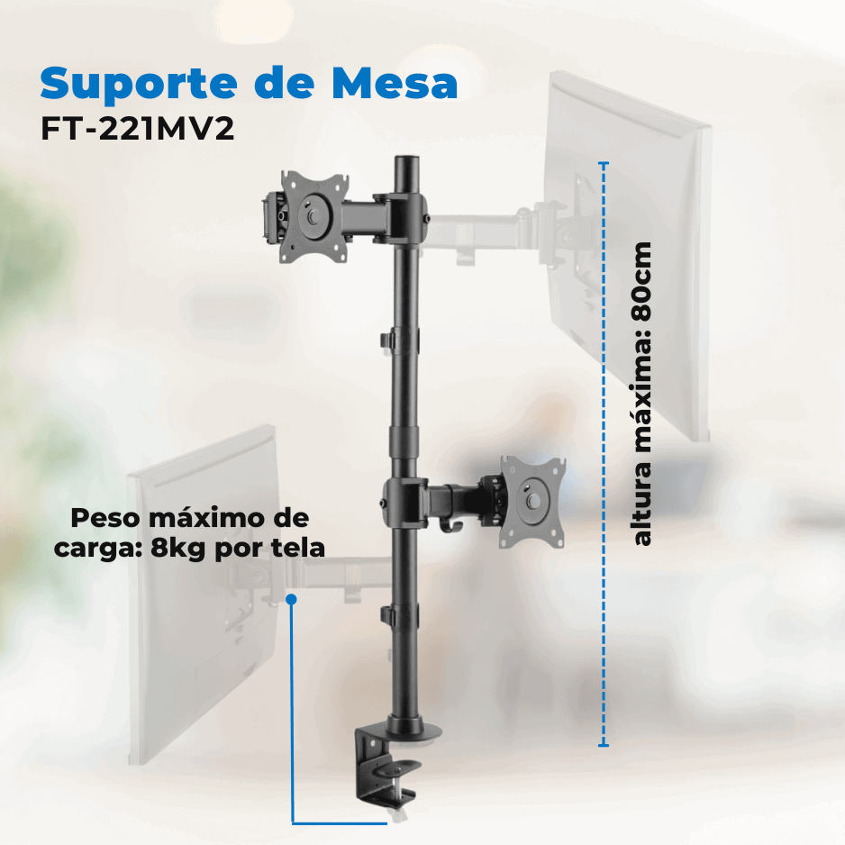 Suporte Ergonômico Articulado de Mesa para 2 Monitores na Vertical de 13" até 27" FT-221M2V - Fixatek - Fixatek