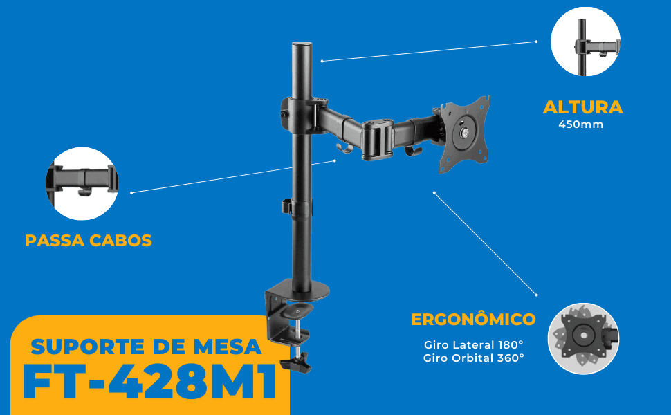 Suporte Ergonômico Articulado de Mesa para 1 Monitor de 13" até 27" FT-428M1 - Fixatek - Fixatek