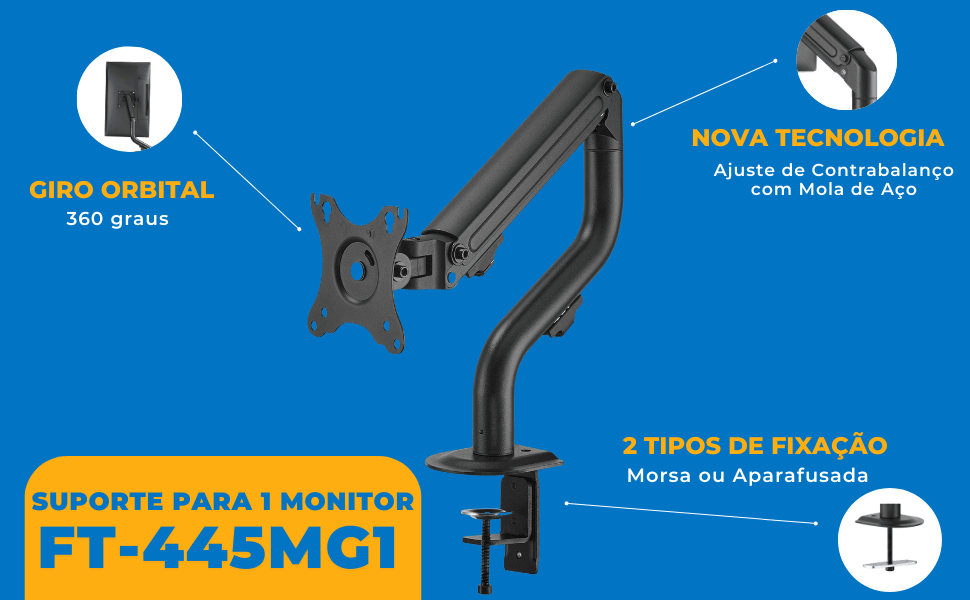 Suporte Ergonômico Articulado de Mesa para 01 Monitor 17" até 32" FT-445MG1 - Fixatek - Fixatek