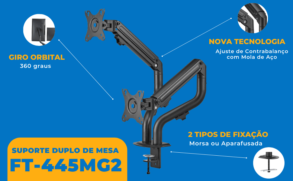 Suporte Ergonômico Articulado de Mesa para 02 Monitores 17" até 32" FT-445MG2 - Fixatek - Fixatek