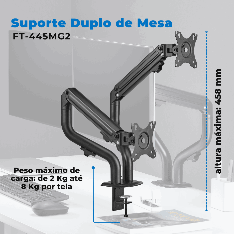 Suporte Ergonômico Articulado de Mesa para 02 Monitores 17" até 32" FT-445MG2 - Fixatek - Fixatek