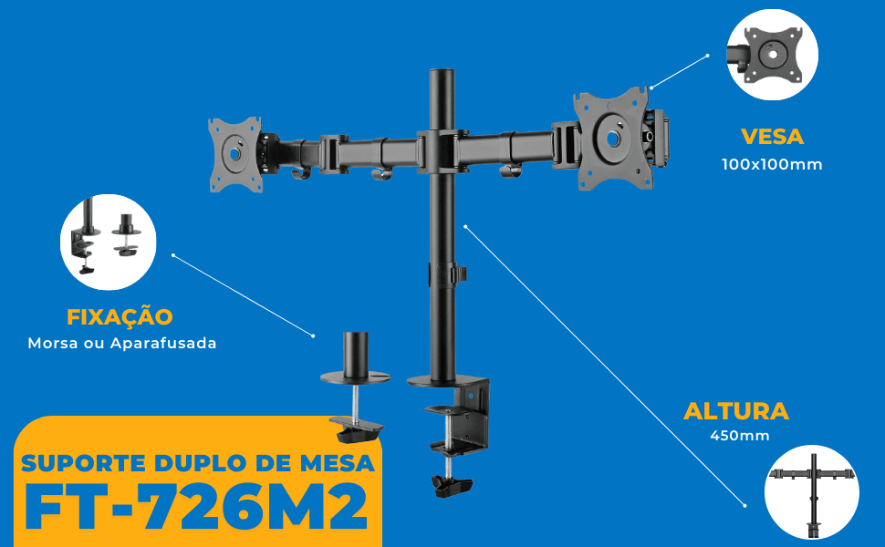 Suporte Ergonômico Articulado de Mesa para 2 Monitores de 13" até 27" FT-726M2 - Fixatek - Fixatek