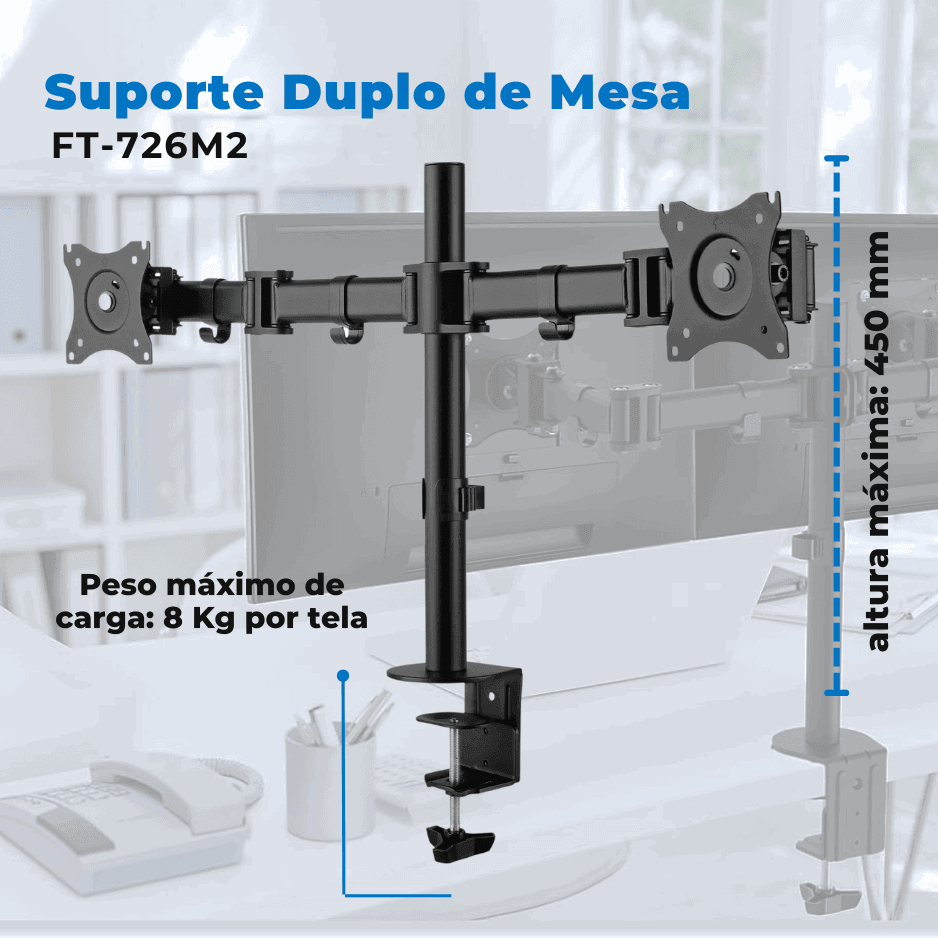 Suporte Ergonômico Articulado de Mesa para 2 Monitores de 13" até 27" FT-726M2 - Fixatek - Fixatek