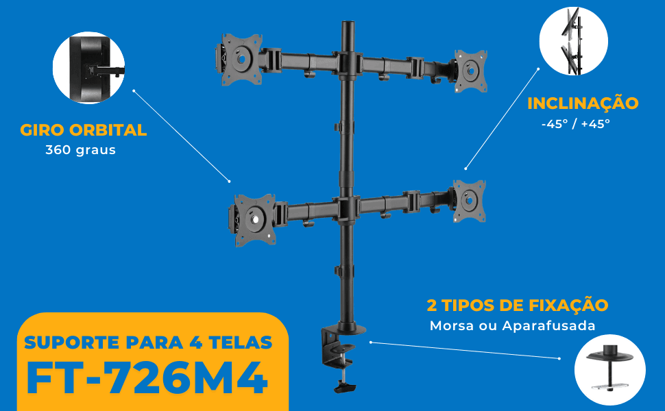 Suporte Ergonômico Articulado de Mesa para 4 Monitores de 13" até 27" FT-726M4 - Fixatek - Fixatek