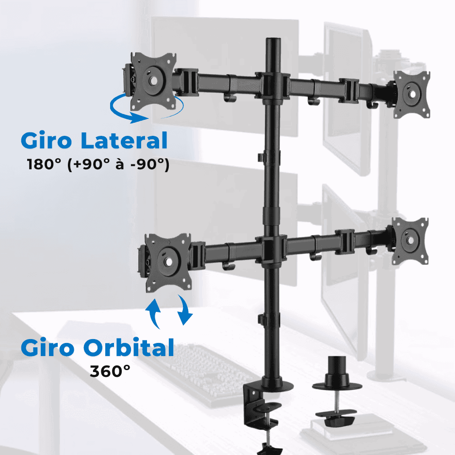 Suporte Ergonômico Articulado de Mesa para 4 Monitores de 13" até 27" FT-726M4 - Fixatek - Fixatek