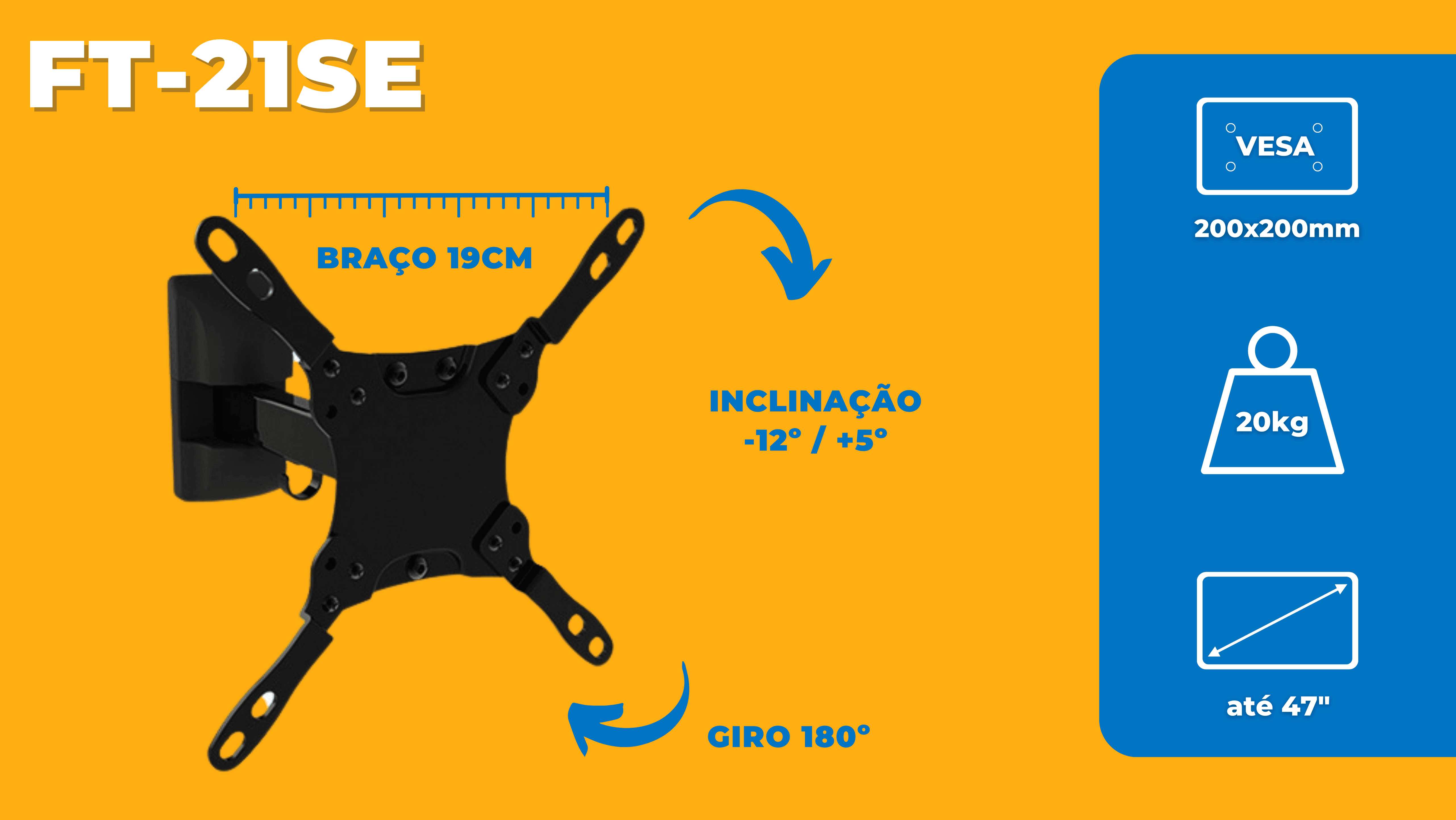 Suporte Articulado para TV LED / OLED / QLED até 47" FT-21SE - Fixatek - Fixatek