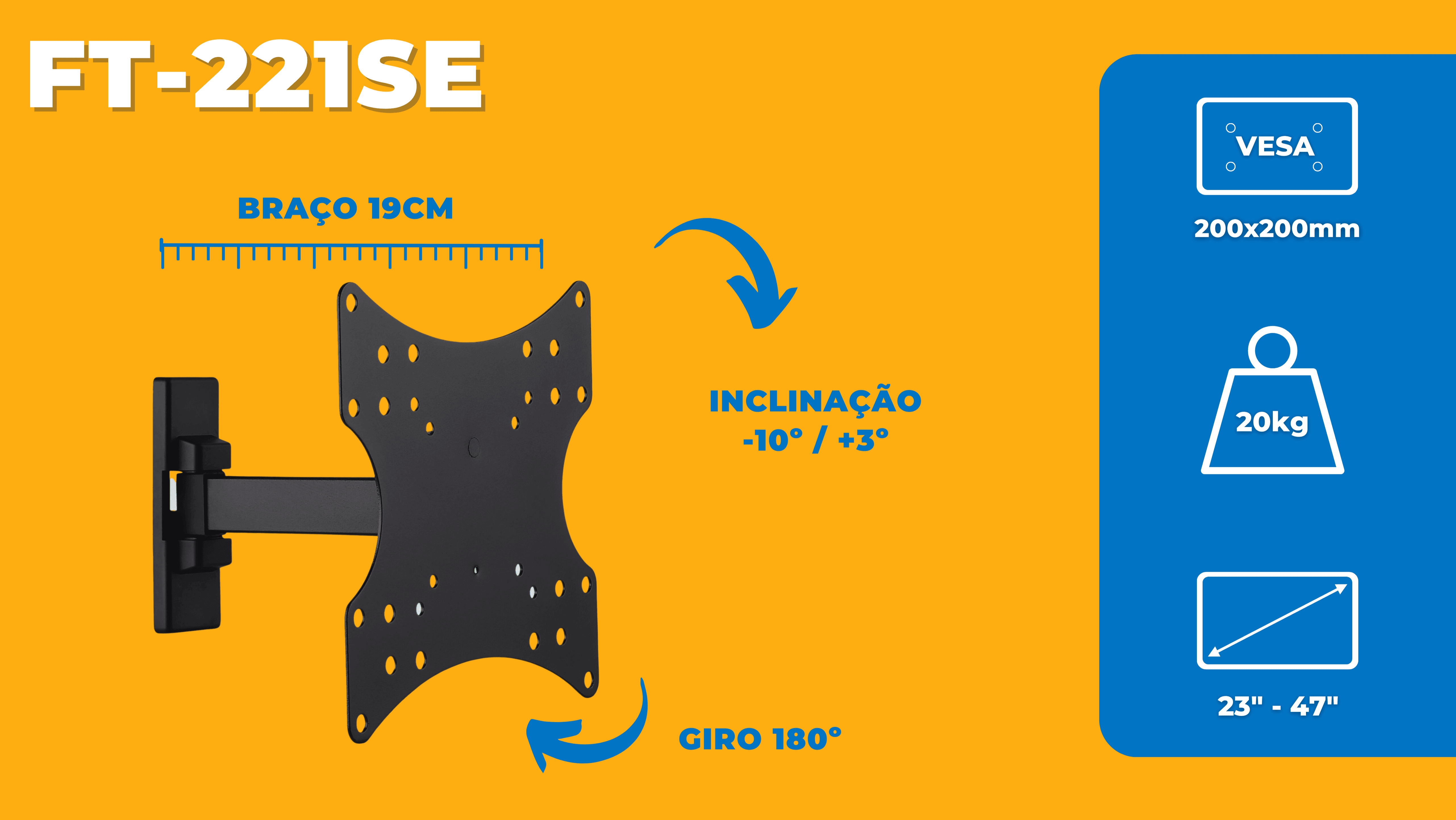 Suporte Articulado para TV LED / OLED / QLED até 47" FT-221SE - Fixatek - Fixatek