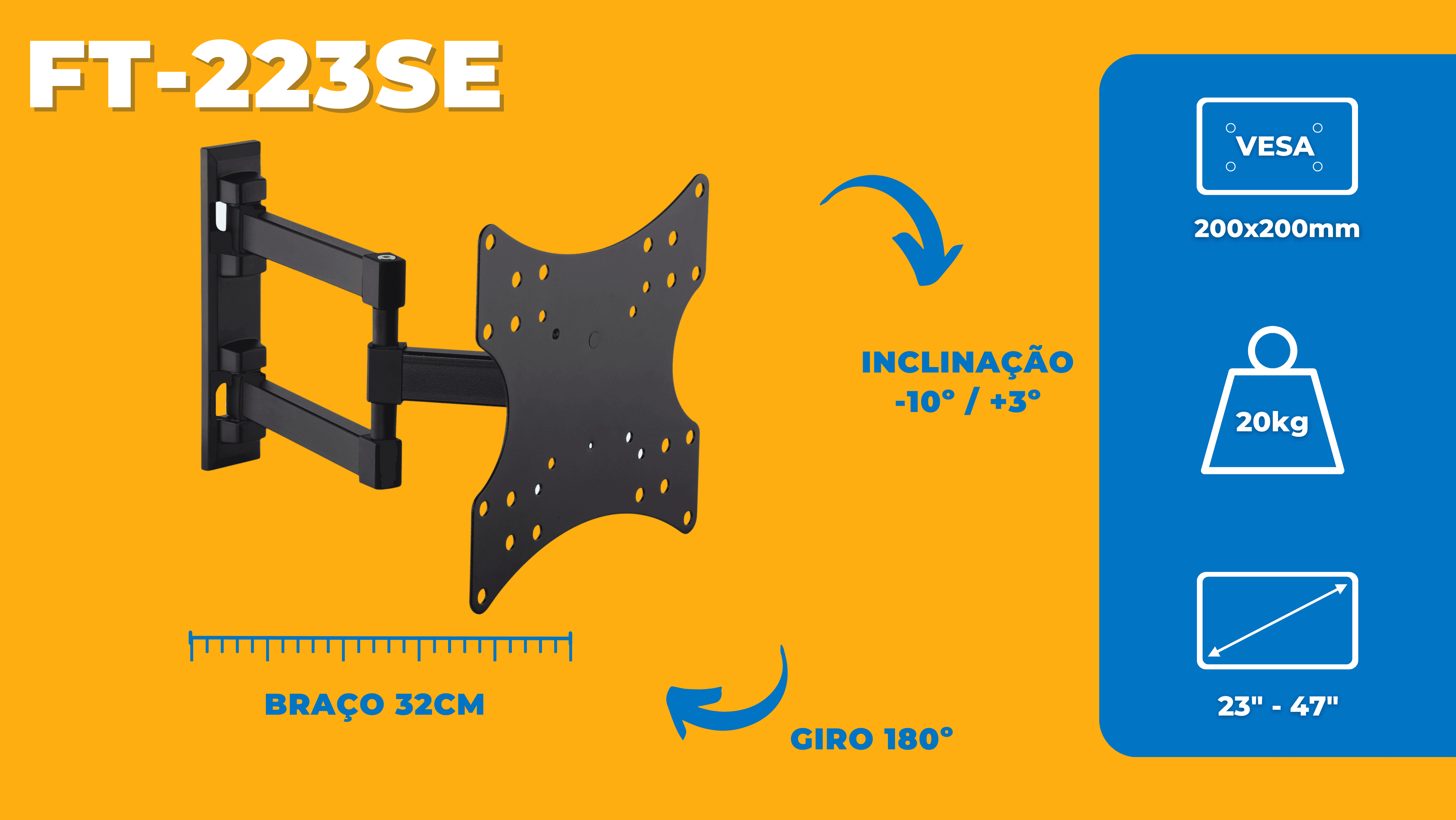 Suporte Articulado para TV LED 23" até 47" Com Peso Até 20 Kg FT-223SE - Fixatek - Fixatek