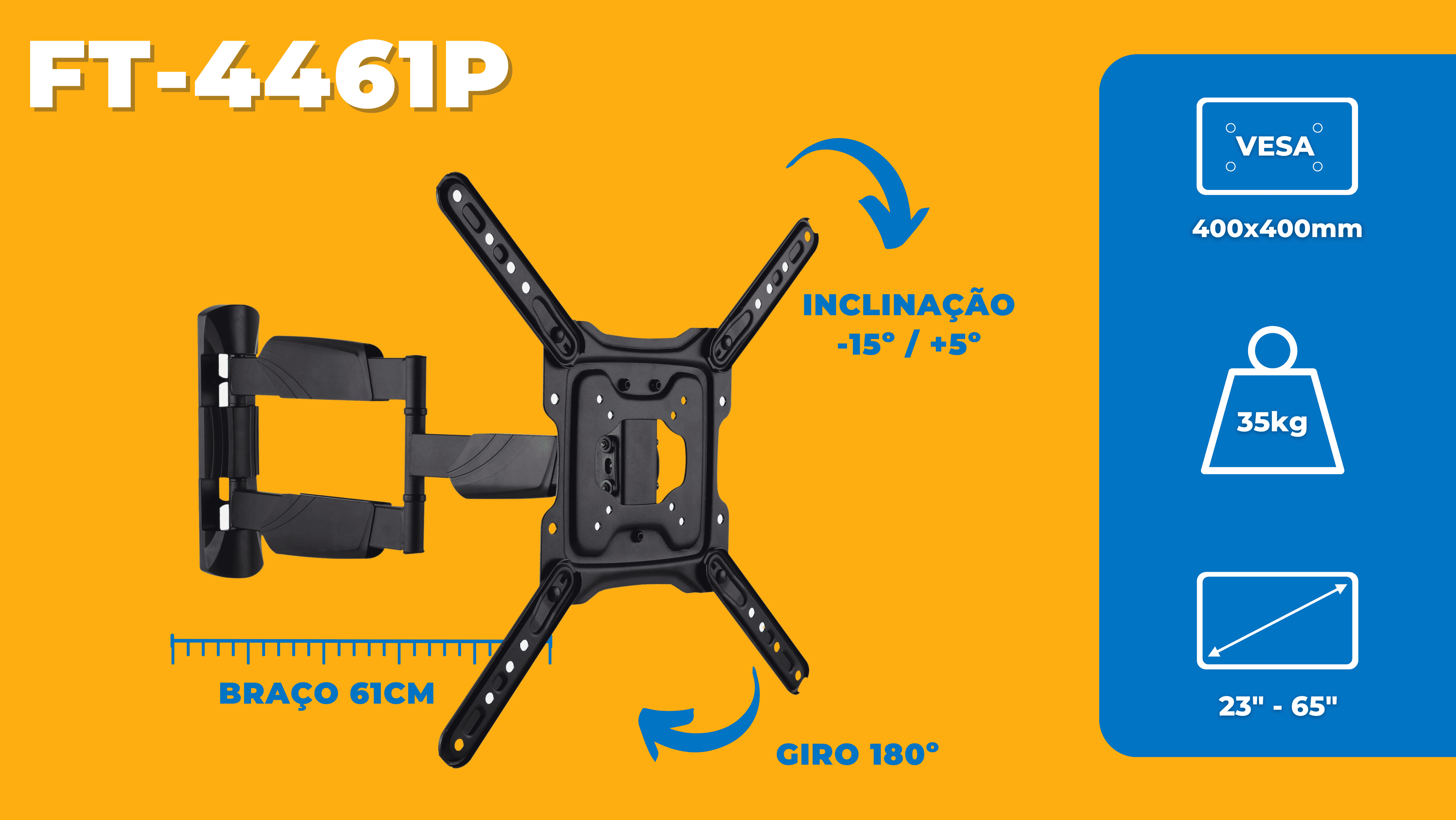 Suporte Articulado para TV LED 23" até 65" com Peso até 35 kg FT-4461P - Fixatek - Fixatek