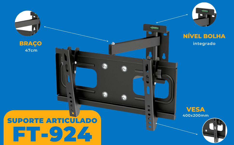 Suporte Articulado para TV LED / OLED / QLED até 47" com Peso até 40kg FT-924 - Fixatek - Fixatek