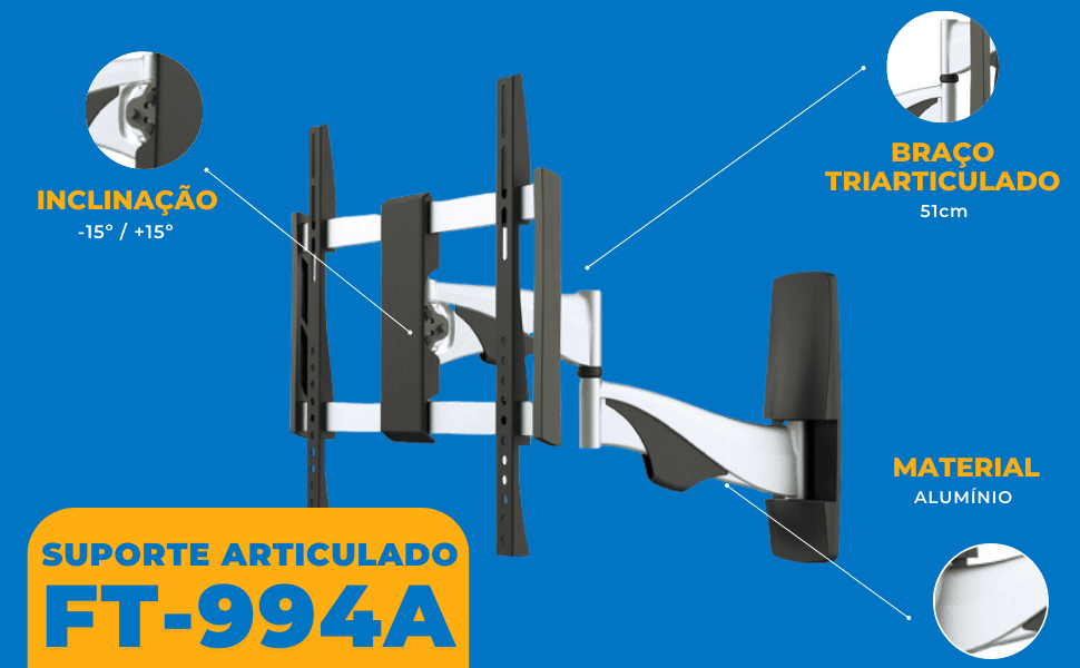 Suporte Articulado para TV LED / OLED / QLED até 55" com Peso até 30kg FT-994A - Fixatek - Fixatek