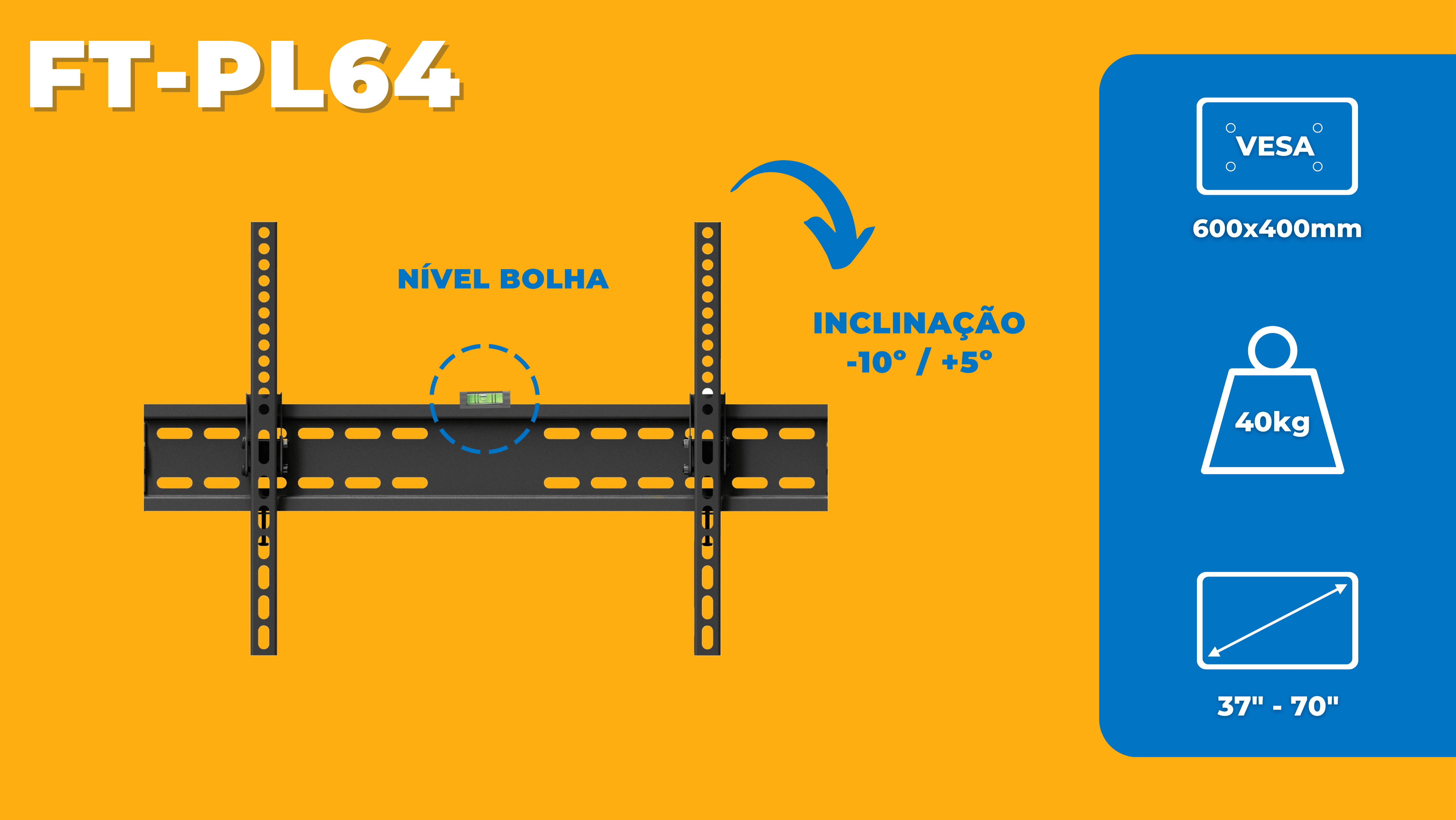 Suporte Inclinável para TV LED / OLED / QLED 37" até 70" com Peso até 40 kg FT-PL64 - Fixatek - Fixatek