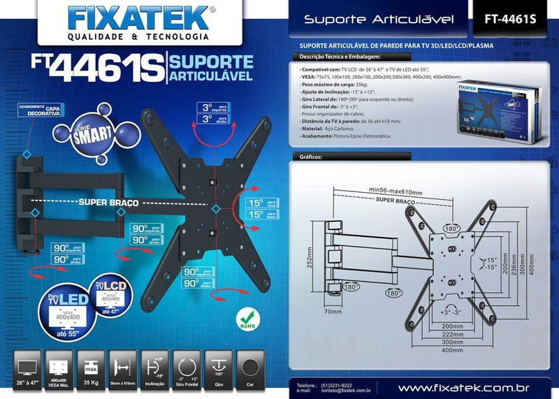 Suporte Articulado para TV LED até 55" e LCD / PLASMA 26" á 47" FT-4461S - Fixatek - Fixatek