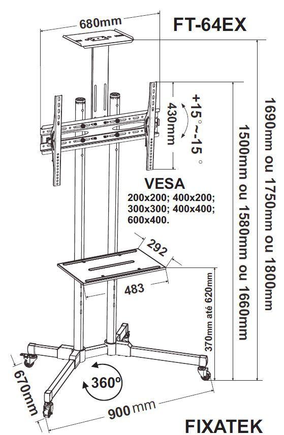 Rack / Suporte Pedestal para TV LED / OLED / QLED 32" até 70" FT-64EX - Fixatek - Fixatek