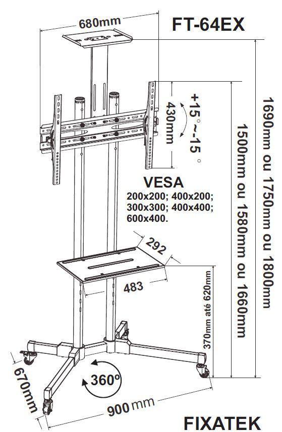 Rack / Suporte Pedestal para TV LED / OLED / QLED 32" até 70" FT-64EX - Fixatek - Fixatek
