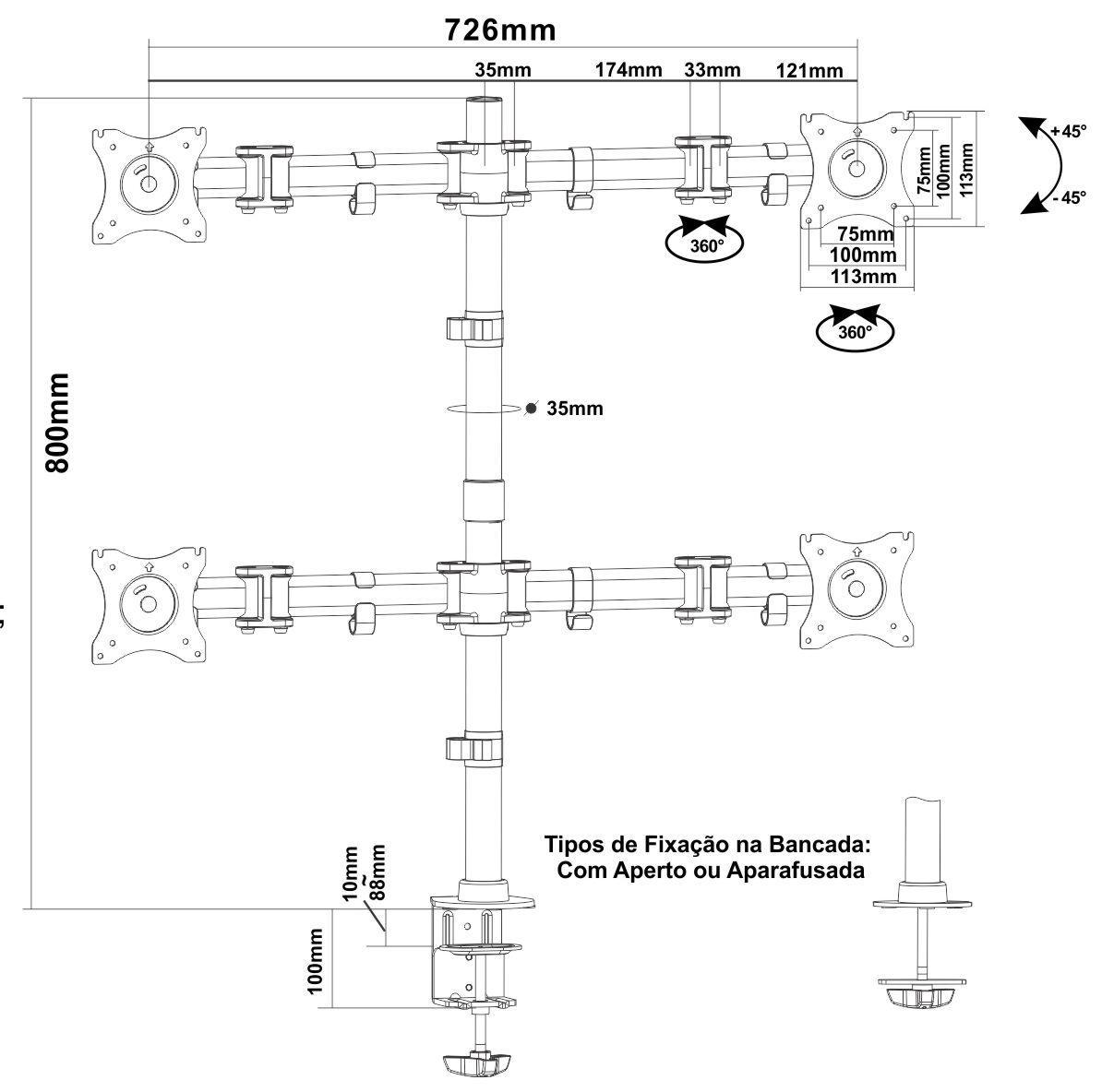 Suporte Ergonômico Articulado de Mesa para 4 Monitores de 13" até 27" FT-726M4 - Fixatek - Fixatek