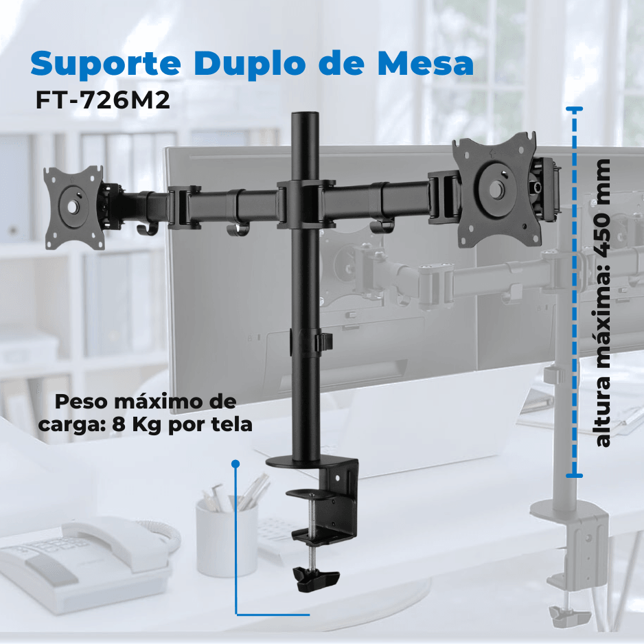 Suporte Ergonômico Articulado de Mesa para 2 Monitores de 13" até 27" FT-726M2 - Fixatek - Fixatek