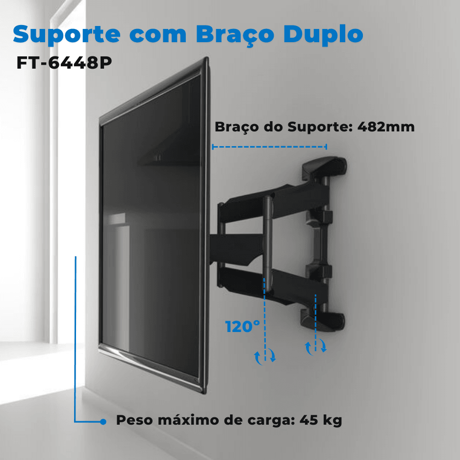 Suporte Articulado Reforçado Braço Duplo Tipo Sanfona para Tv LED 37" á 70'' com Peso até 45kg FT-6448P - Fixatek - Fixatek