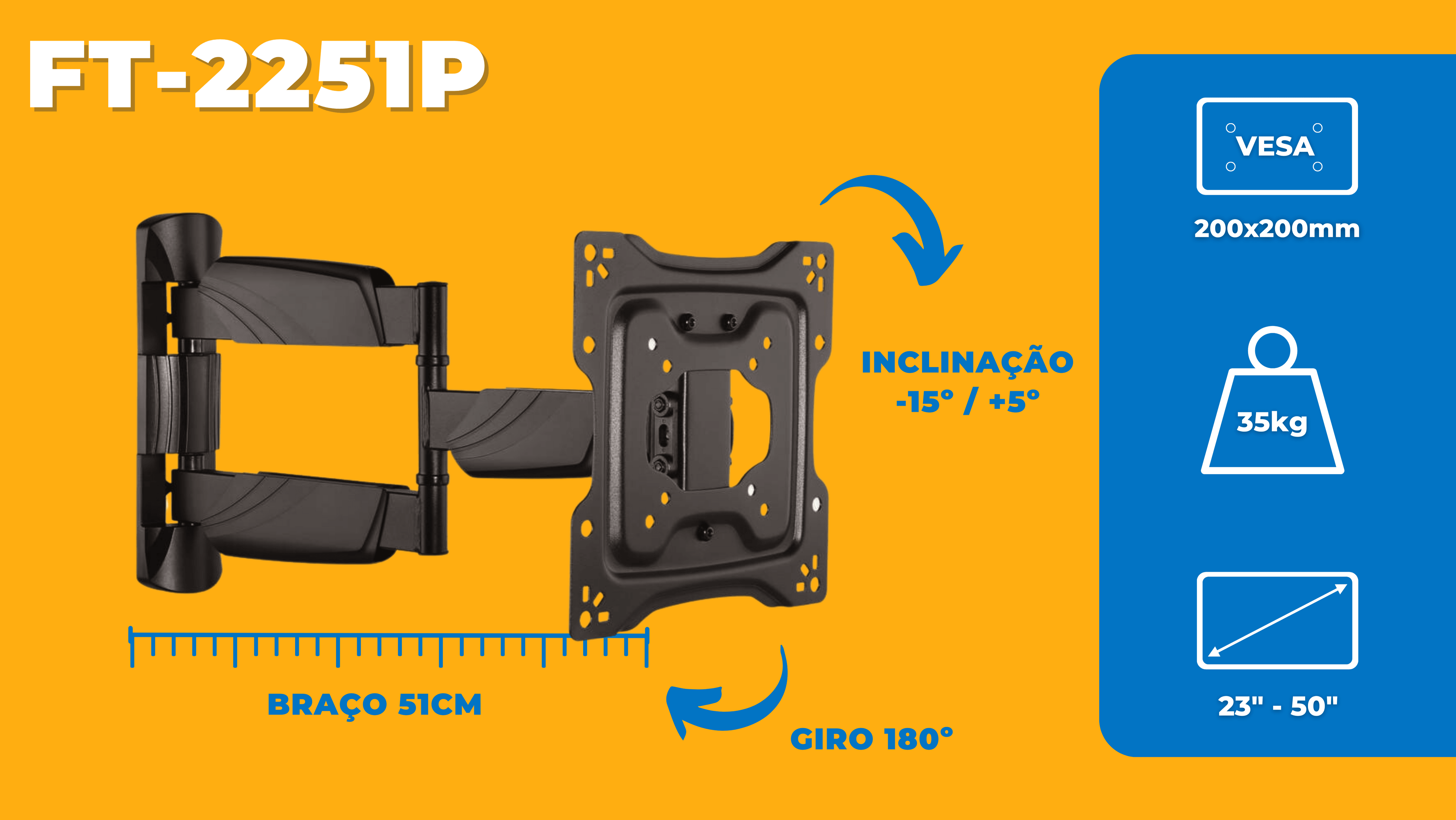 Suporte Articulado para TV LED 23" até 50" com Peso até 35 kg FT-2251P - Fixatek - Fixatek