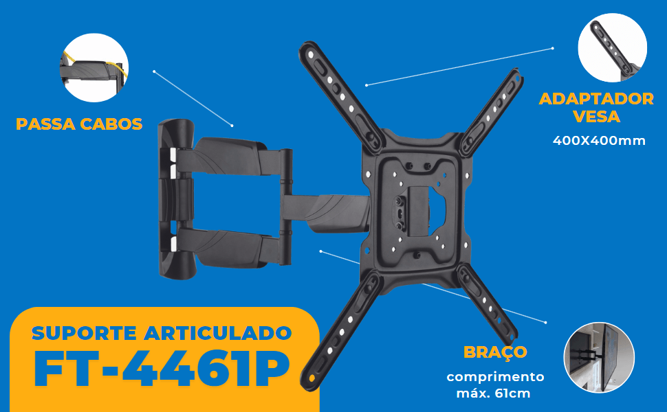 Suporte Articulado para TV LED 23" até 65" com Peso até 35 kg FT-4461P - Fixatek - Fixatek