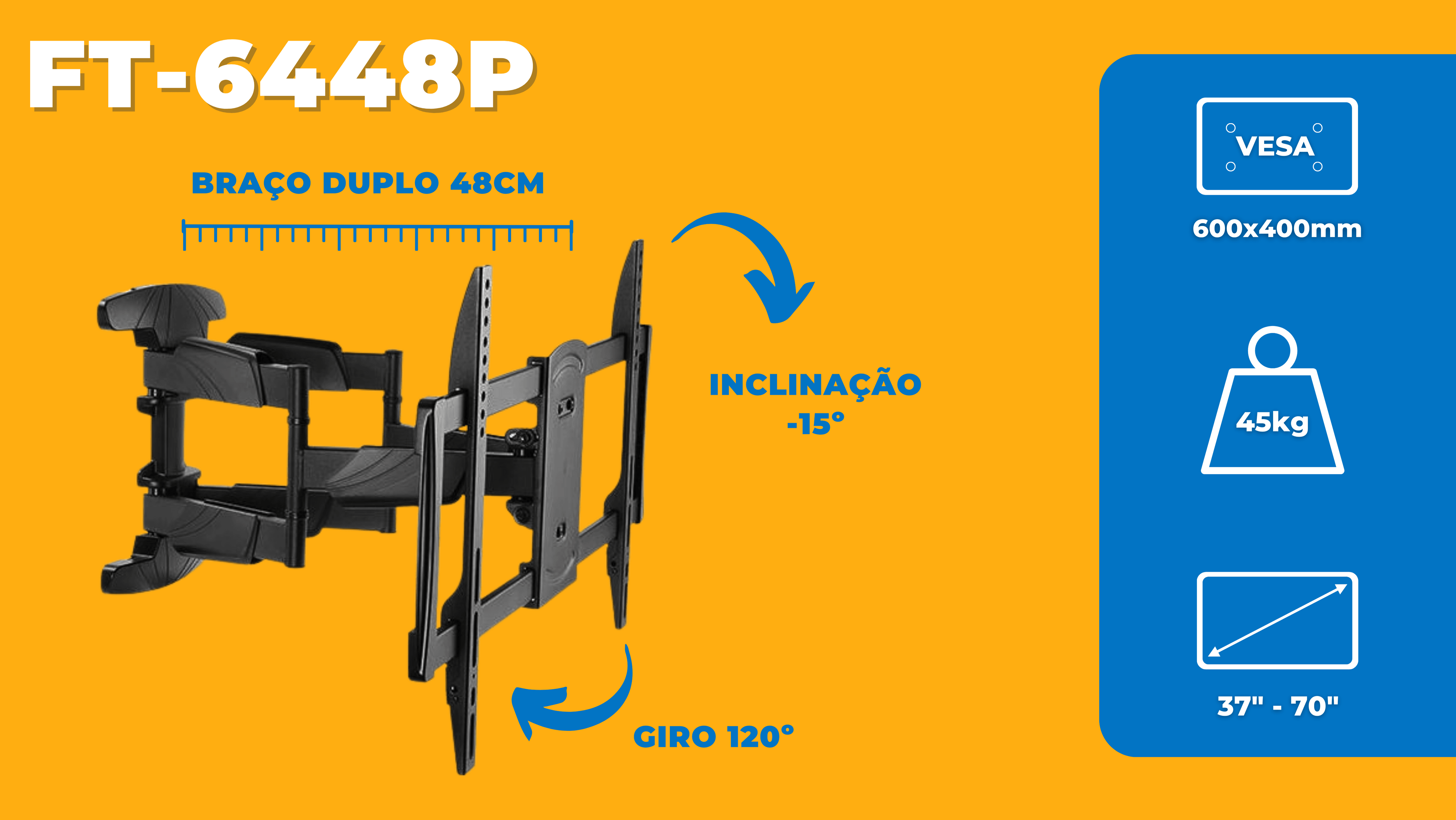 Suporte Articulado Reforçado Braço Duplo Tipo Sanfona para Tv LED 37" á 70'' com Peso até 45kg FT-6448P - Fixatek - Fixatek