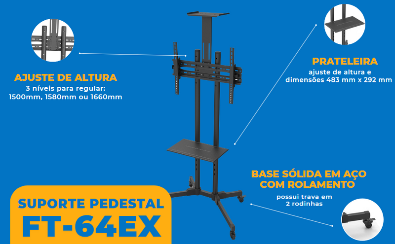 Rack / Suporte Pedestal para TV LED / OLED / QLED 32" até 70" FT-64EX - Fixatek - Fixatek