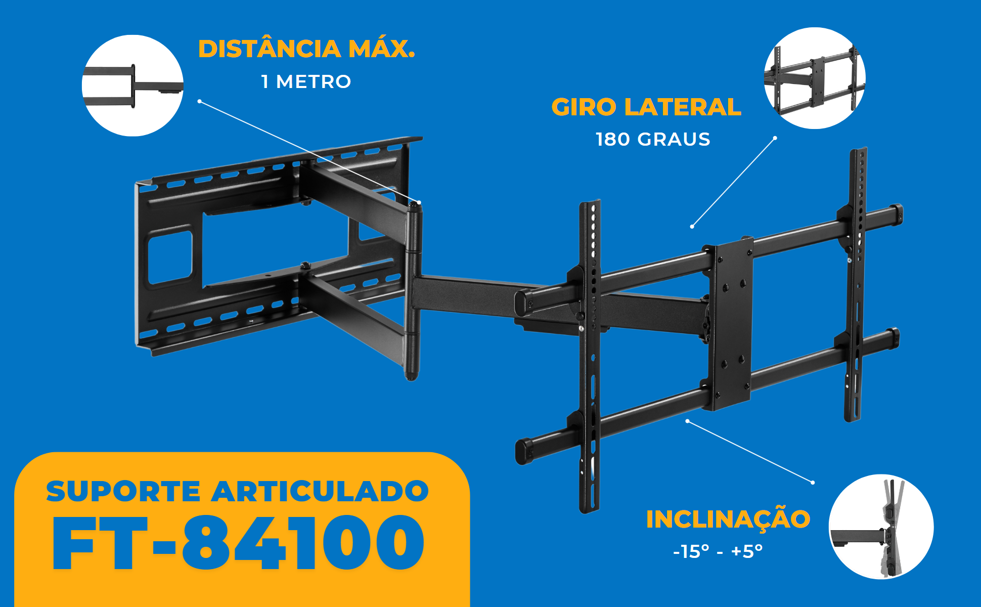Suporte Articulado para TV LED 43" Até 82'' com Peso Até 40 Kg FT-84100 - Fixatek - Fixatek