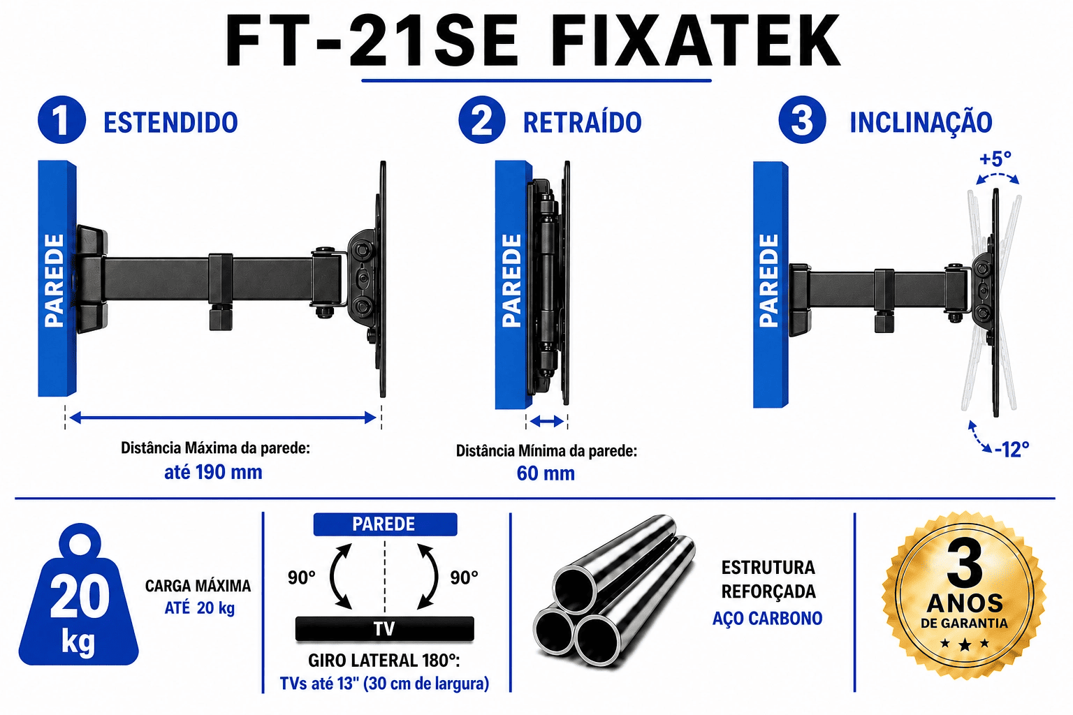 Suporte Articulado para TV LED / OLED / QLED até 43" FT-21SE - Fixatek