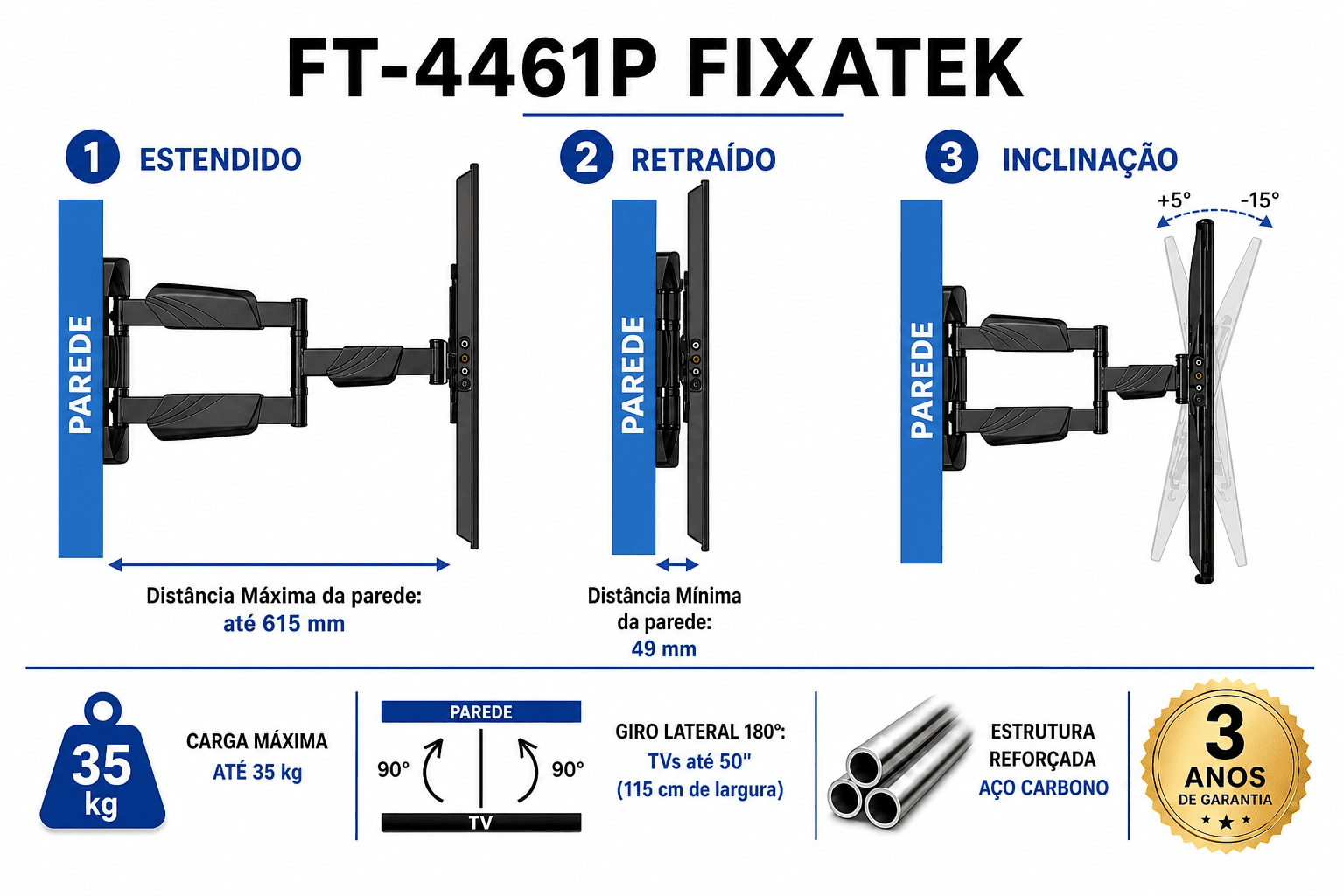 Suporte Articulado para TV LED 32" a 50" 55" - FT-4461P Fixatek