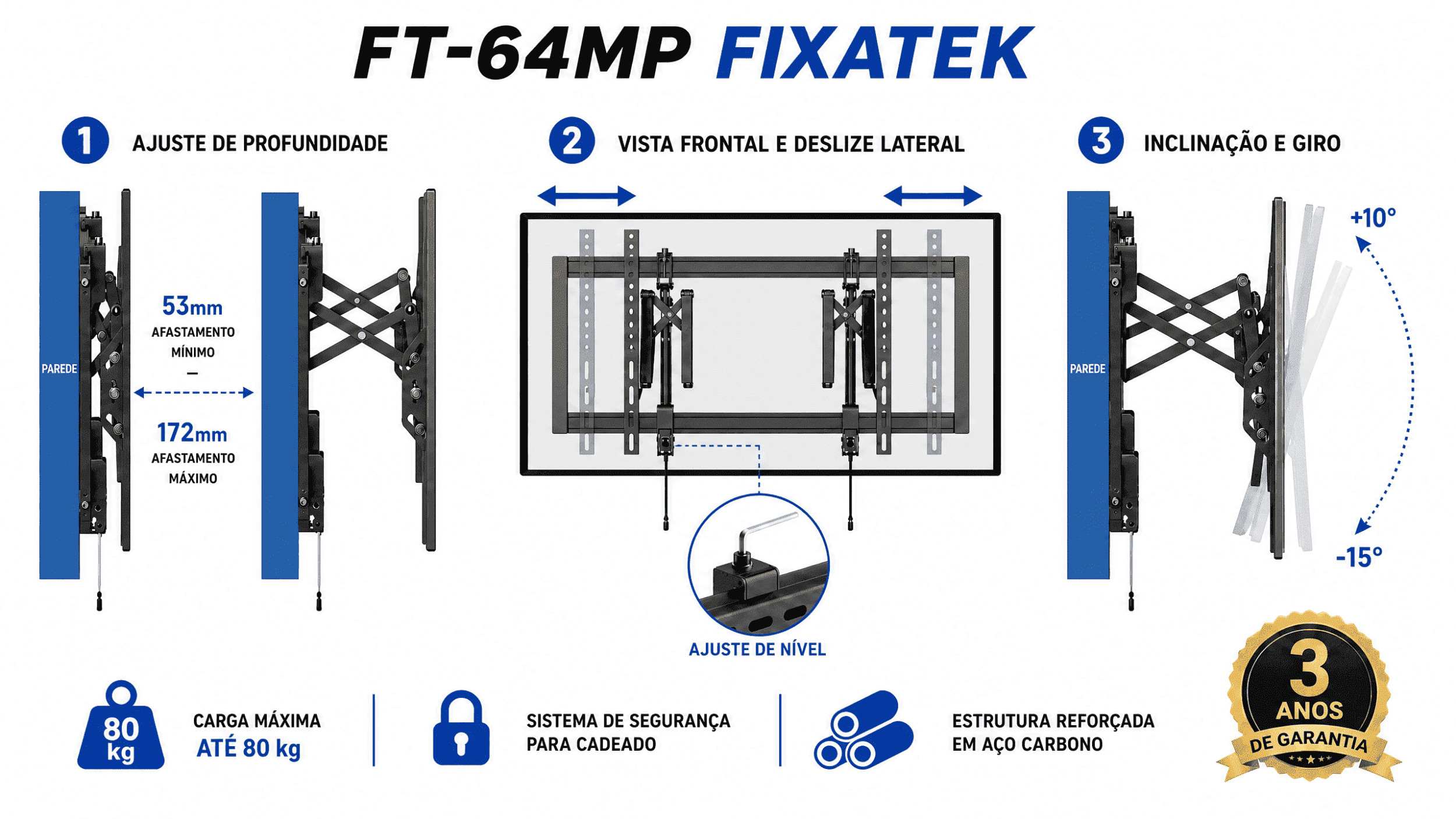 Suporte Vídeo Wall Inclinável e Extensível para TV LED 37" a 98" - FT-64MP Fixatek