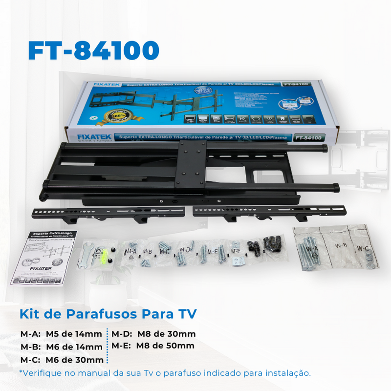 Suporte Articulado para TV LED 43" Até 82'' com Peso Até 40 Kg FT-84100 - Fixatek - Fixatek