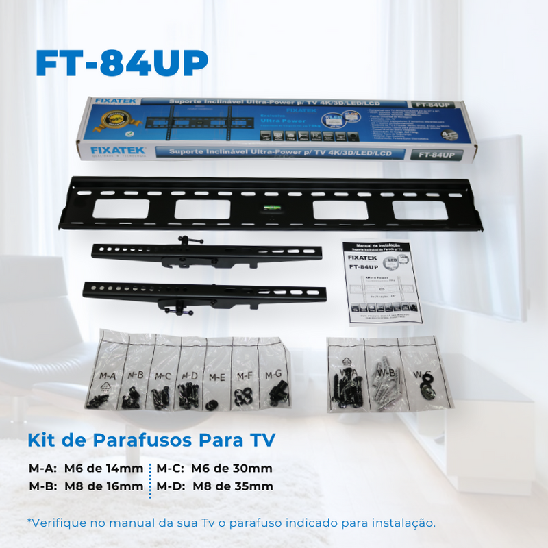 Suporte Fixo / Inclinável para TV até LED / OLED / QLED 110'' com Peso até 75kg FT-84UP - Fixatek - Fixatek