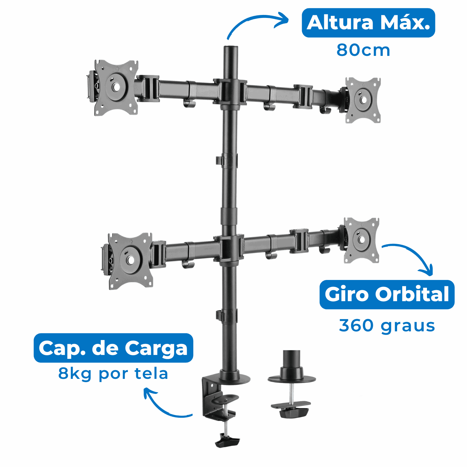 Suporte Ergonômico Articulado de Mesa para 4 Monitores de 13" até 27" FT-726M4 - Fixatek - Fixatek