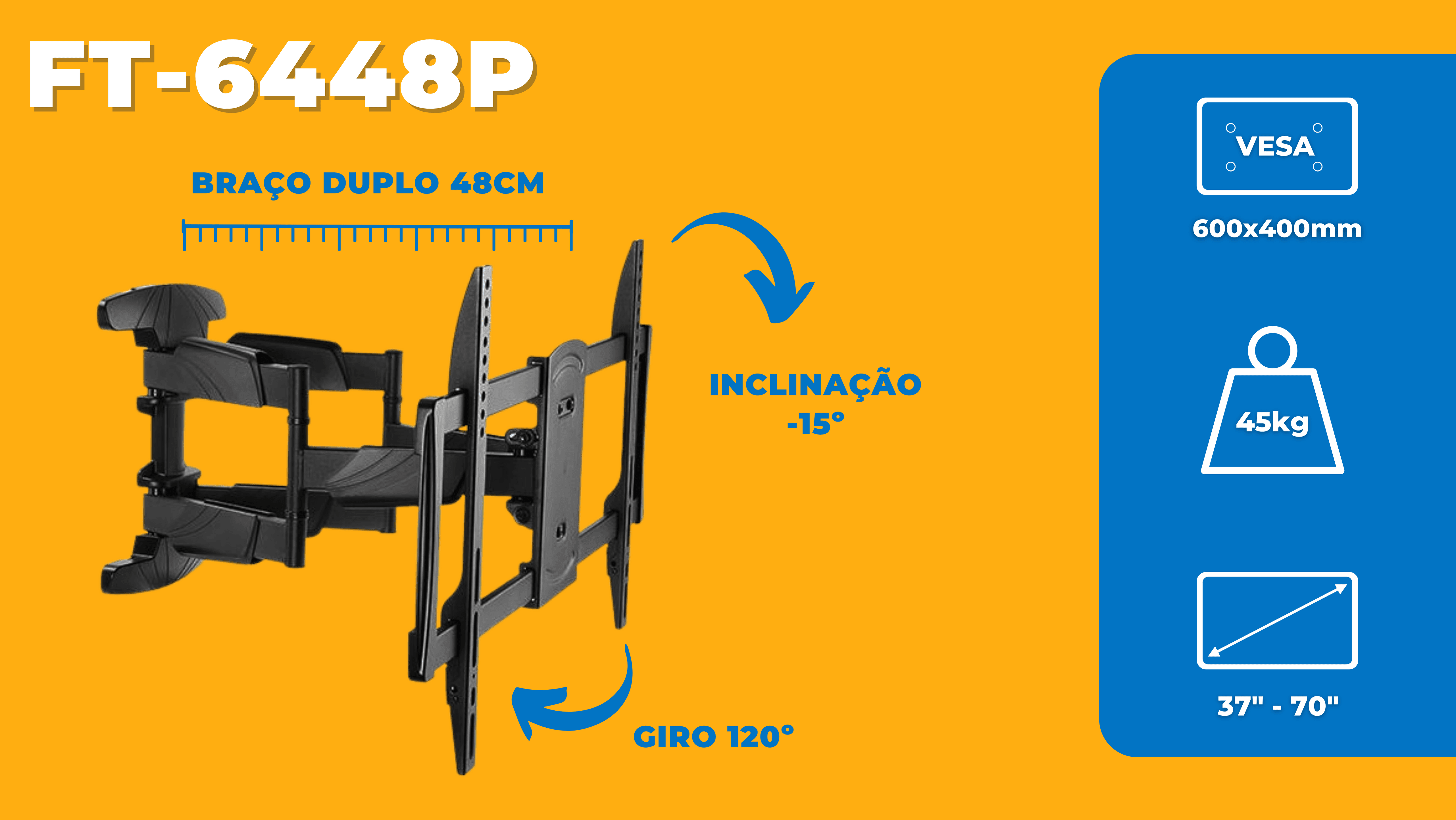 Suporte Articulado Reforçado Braço Duplo Tipo Sanfona para Tv LED 37" á 70'' com Peso até 45kg FT-6448P - Fixatek - Fixatek