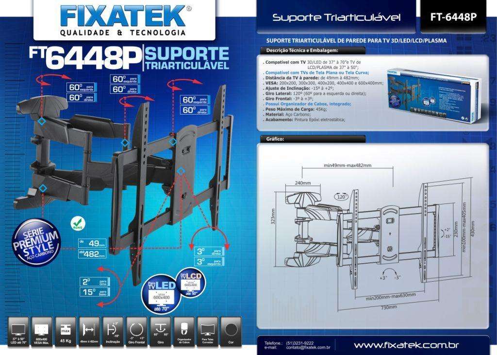 Suporte Articulado Reforçado Braço Duplo Tipo Sanfona para Tv LED 37" á 70'' com Peso até 45kg FT-6448P - Fixatek - Fixatek